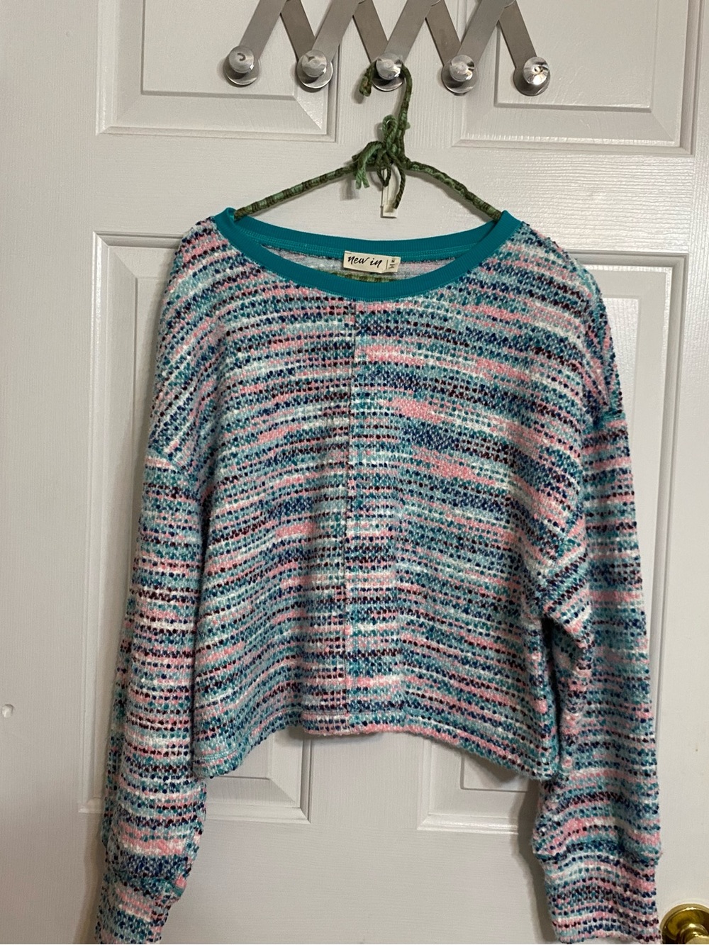 New In Teal Pink White Striped Cropped Crew Sweater